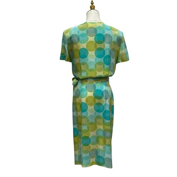 Vintage 90s Maggy London 100% Silk Green & Blue Polka Dot Wrap Dress size 10 - Picture 6 of 10